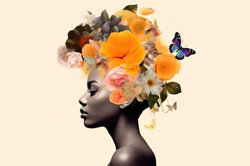 style modern design art fashion Conceptual head flowers woman African young collage Abstract pop flower afro billboard fashionable creativity beauty background creative girl face portrait female