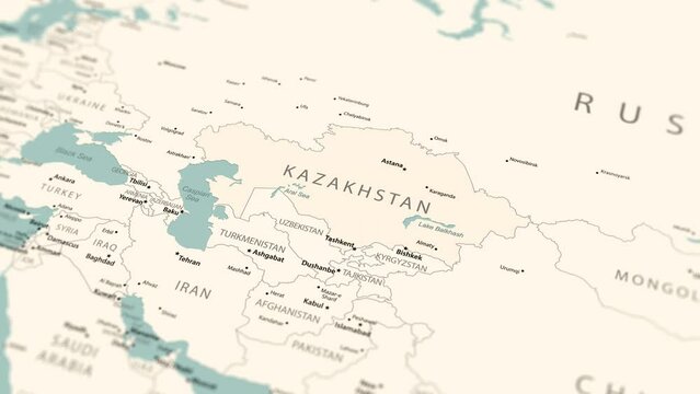 Kazakhstan on the world map. Smooth map rotation. 4K animation.