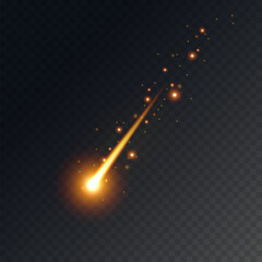 Comet shooting effect, flying asteroid, star in space. Gold falling meteorite isolated on black transparent background. Vector cosmos starlight trail or fantasy beam