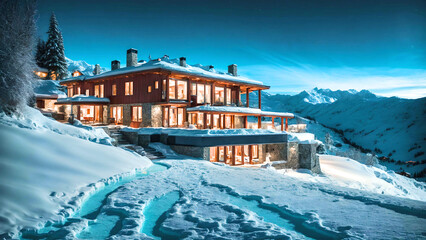 Stunning Wooden and Stone Mansion in Alp mountain in Italy.Visualized from real photo. 