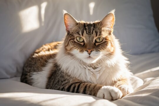 Portrait photo of a big tabby cat lying on a white bed. Fluffy serious pet. Bright bedroom, modern interior. Soft light, sunbeams on the wall