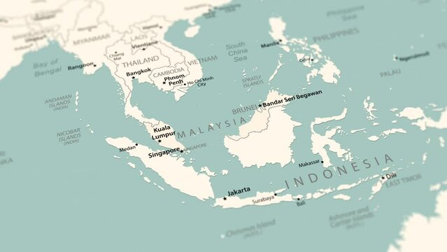 Malaysia on the world map. Smooth map rotation. 4K animation.