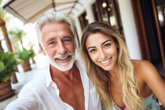 Happy Old wealthy rich man posing with his gorgeous young girlfriend at a luxurious tropical resort taking a selfie looking at the camera