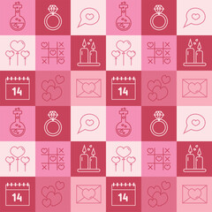 Valentine's day checkered seamless pattern with icons for wallpaper, stationary, wrapping paper, textile prints, packaging, etc.