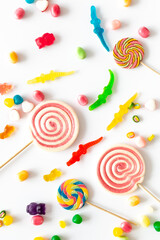 Food pattern. Many colorful lollipops. Sweet food and candies background