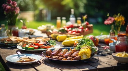 corn picnic bbq food illustration watermelon potato, salad chips, fruit kebabs corn picnic bbq food