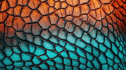 Foto auf Acrylglas A close up of an orange and blue snake skin. © tilialucida