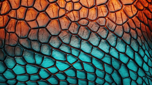 A close up of an orange and blue snake skin.