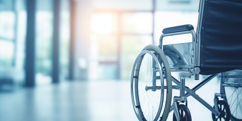 A wheel chair in a hospital hallway.