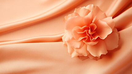 A pink flower sitting on top of a pink cloth. Monochrome peach fuzz background.