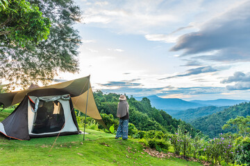 Tents Camping area  Natural area with  green grass - obrazy, fototapety, plakaty
