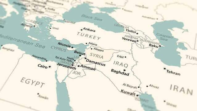 Syria on the world map. Smooth map rotation. 4K animation.