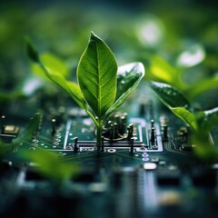 A close up of a plant growing out of a circuit board. Green renewable futuristic microchip industry, computer technology.