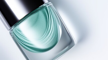 A bottle of nail polish on a white surface.