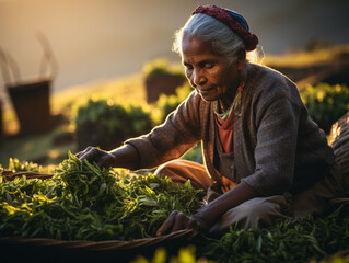 An Indian woman in traditional clothing picking tea on a tea plantation, AI generated - obrazy, fototapety, plakaty