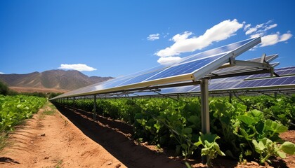 Intelligent integration of solar panels in farmland for renewable energy generation and crop shade - obrazy, fototapety, plakaty