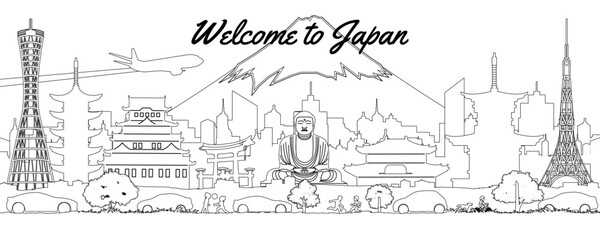Japan famous landmarks silhouette outline style,vector illustration