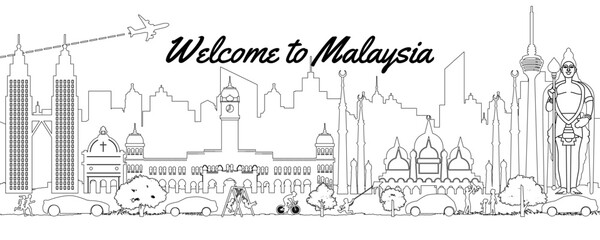 Malaysia famous landmark silhouette line style,text within,vector illustration