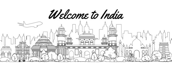India famous landmarks by silhouette line style,vector illustration