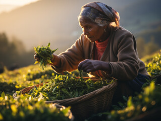 An Indian woman in traditional clothing picking tea on a tea plantation, AI generated - obrazy, fototapety, plakaty