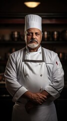 A man in a chef's hat standing in a kitchen.