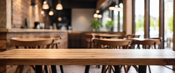 Empty Wooden Table for Product Presentation with Cafe, Restaurant Background