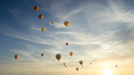 a sunrise sky full of hot air balloons, seen from below, copy space, Cappadocia, Turkey, horizontal