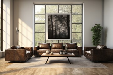 Beautiful modern interior design of a spacious open space living room with brown leather couches. AI Generated