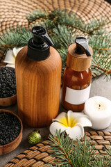 Beautiful spa composition with Christmas decorations on table, closeup