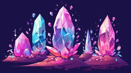 Flat Illustration of vibrant crystals in pink, blue, and purple hues on dark purple-indigo background. Ideal for fantasy or science fiction theme, background, wallpaper, album or book cover - obrazy, fototapety, plakaty