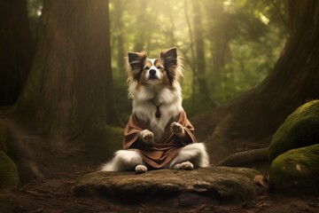 Old sage dog in monk attire in meditation pose in forest. A doggy guru meditates, achieving nirvana. Suitable for spiritual or humorous content. - obrazy, fototapety, plakaty