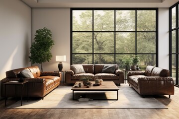 Luxury interior design of a spacious open space living room with brown couches and big windows. AI Generated