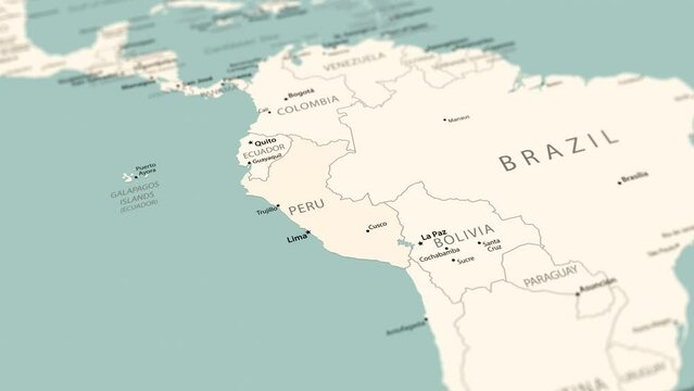 Peru on the world map. Smooth map rotation. 4K animation.