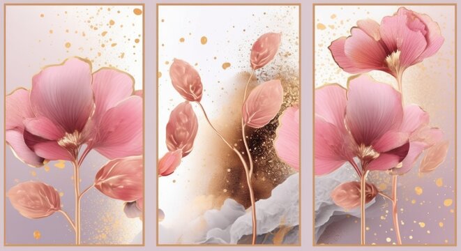 Pink flowers and gold splatter triptych. Pink sakura flowers with gold leaves and sparkles. Watercolor illustration. Ideal for home decor or as a background for invitations or cards