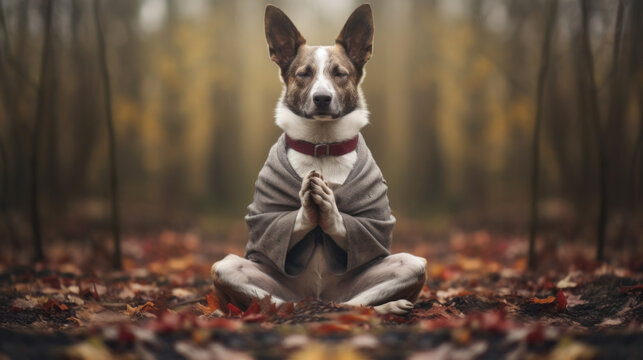 Old sage dog in monk attire in meditation pose in the forest. A doggy guru meditates, achieving nirvana. Suitable for spiritual or humorous content.