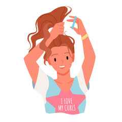 Girl with high ponytail vector illustration. Cartoon isolated beautiful young curly woman holding scrunchy elastic band and wavy long strands to do hair, motivation text I love my curl on on tee shirt - obrazy, fototapety, plakaty