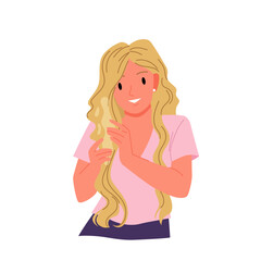 Girl takes care of blond wavy hair vector illustration. Cartoon isolated portrait of beautiful young woman holding waves of strands to apply cosmetic product, leave in conditioner treatment process
