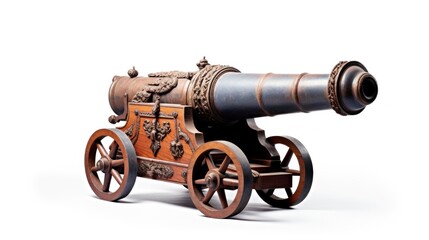 Old artillery cannon on wooden wheels on white background. An antique medieval weapon that shoots cannonballs. Mortar bombard. Vintage weapons for war. Ideal for historical or military themed projects