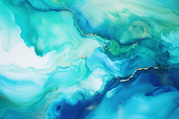 A captivating alcohol ink piece showcasing a fusion of oceanic bluesturquoiseand seafoam greens swirling together to evoke the feeling of a tranquil seascape.