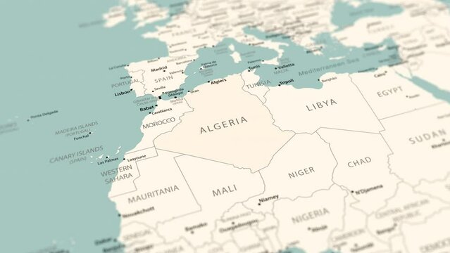 Algeria on the world map. Smooth map rotation. 4K animation.