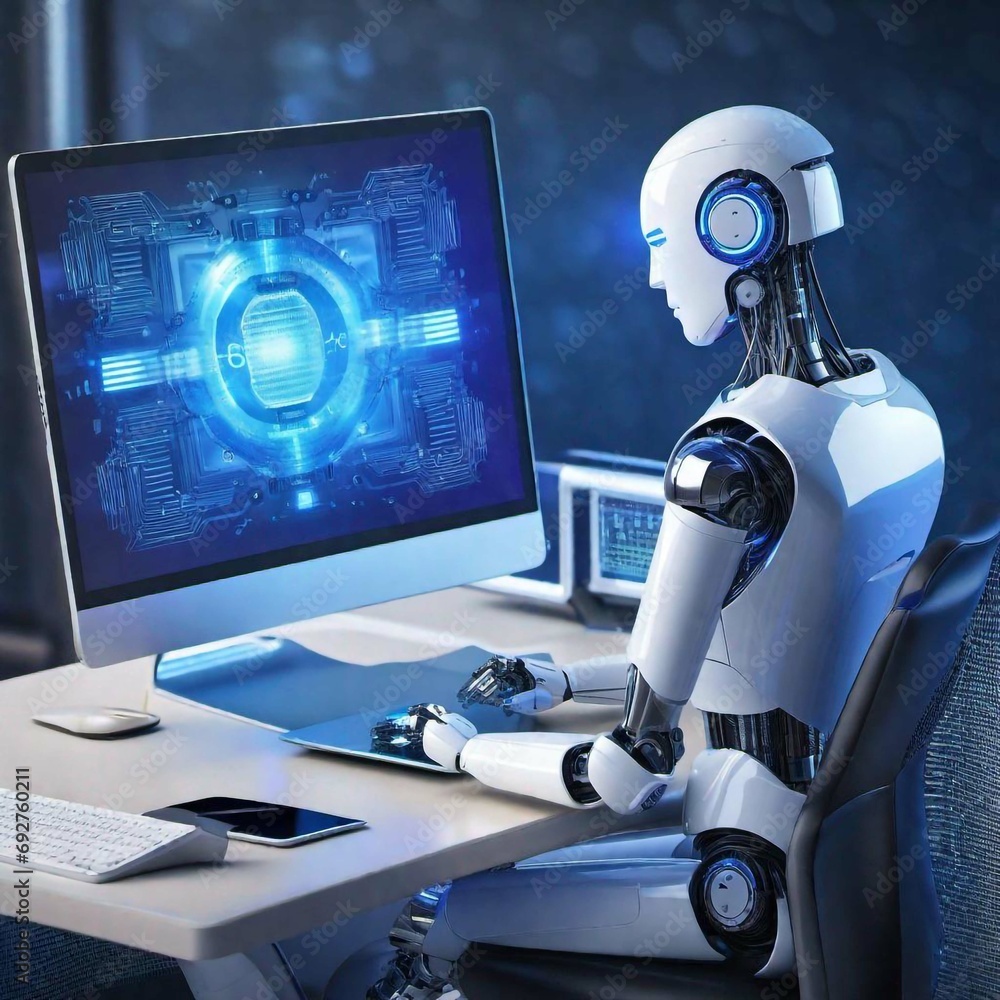 Wall mural robot android computer laptop office communication. a robot sits at a futuristic desk with a compute