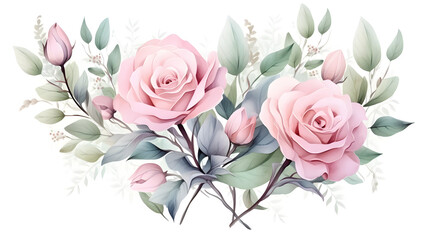 Watercolor illustration of pink roses and a bouquet of blush and mint florals isolated on a white background,