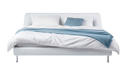 Modern bed with white and blue elements on transparent background. - obrazy, fototapety, plakaty