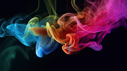 Abstract wave of colorful smoke. Pink, orange, yellow, green, blue acrylic swirls in black water. Creative background