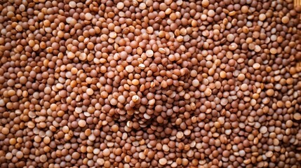 Close up of mustard seeds scattered on the table, top view. Mustard seeds texture. Suitable for food and nutrition related content. Ideal for use in culinary and health-related designs. Copy space
