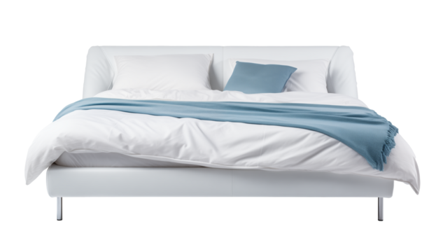 Modern bed with white and blue elements on transparent background.