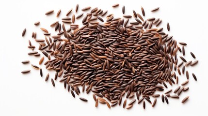 Black rice grains on white background. Top view. Wild rice texture. Ideal for food and nutrition related content. Ideal for use in culinary and health-related designs.