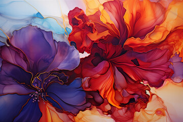 A dynamic alcohol ink painting featuring bold strokes of fiery redburnt orangeand deep violet intermingling to create a passionate and vibrant piece.