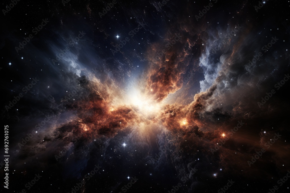 Wall mural big bang. explosions in space with fiery flashes. сosmic burst against the background of stars and g