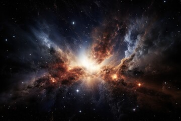 Naklejka premium Big Bang. Explosions in space with fiery flashes. Сosmic burst against the background of stars and galaxies. ideal for use in science, astronomy, or space-related projects.